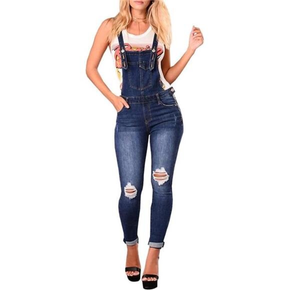 **New Women's Distressed Skinny Fit Stretch Denim Bib Overalls - Casual - Picture 5 of 5